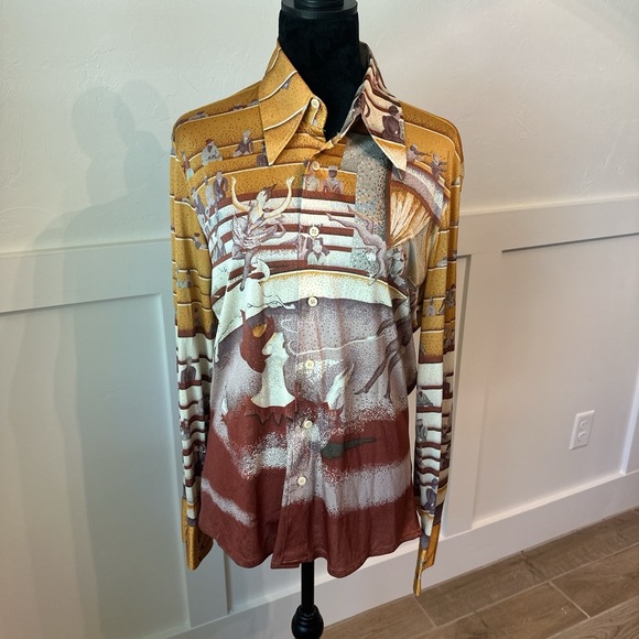 Brown and Yellow Graphic Long Sleeve Button Down Blouse - Picture 1 of 8